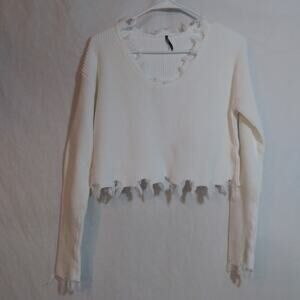 25 South White Frayed Distressed Hem Ribbed Knit Crop Sweater Size Small